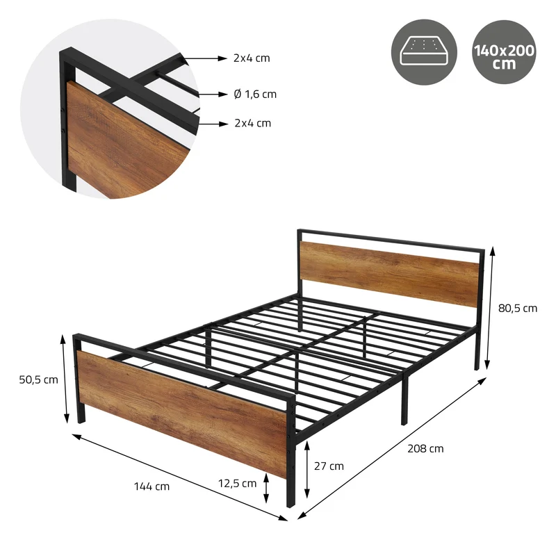 Metallbett 140x200 cm inkl. Matratze H:16cm Schwarz/Braun Bettgestell 208 x 50,5/80,5 x 144 cm mit Holz Kopf- & Fußteil ML-Design