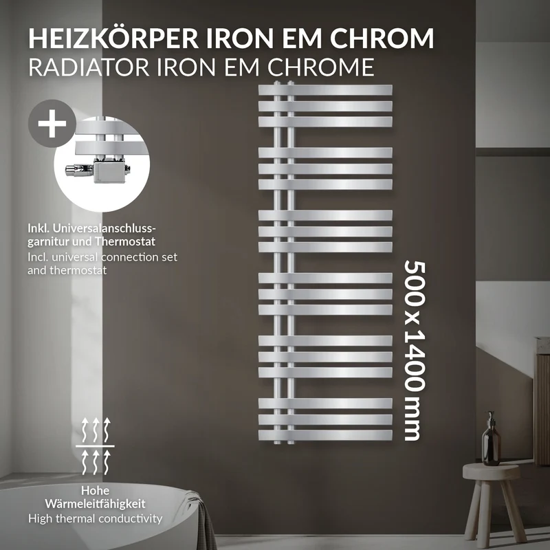 Badheizkörper Mittelanschluss 500x1400 mm Chrome mit Universal Anschlussgarnitur LuxeBath