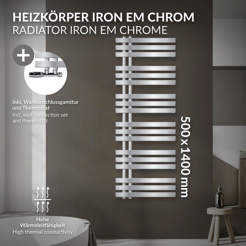 Badheizkörper Mittelanschluss 500x1400 mm Chrome mit Wand Anschlussgarnitur LuxeBath