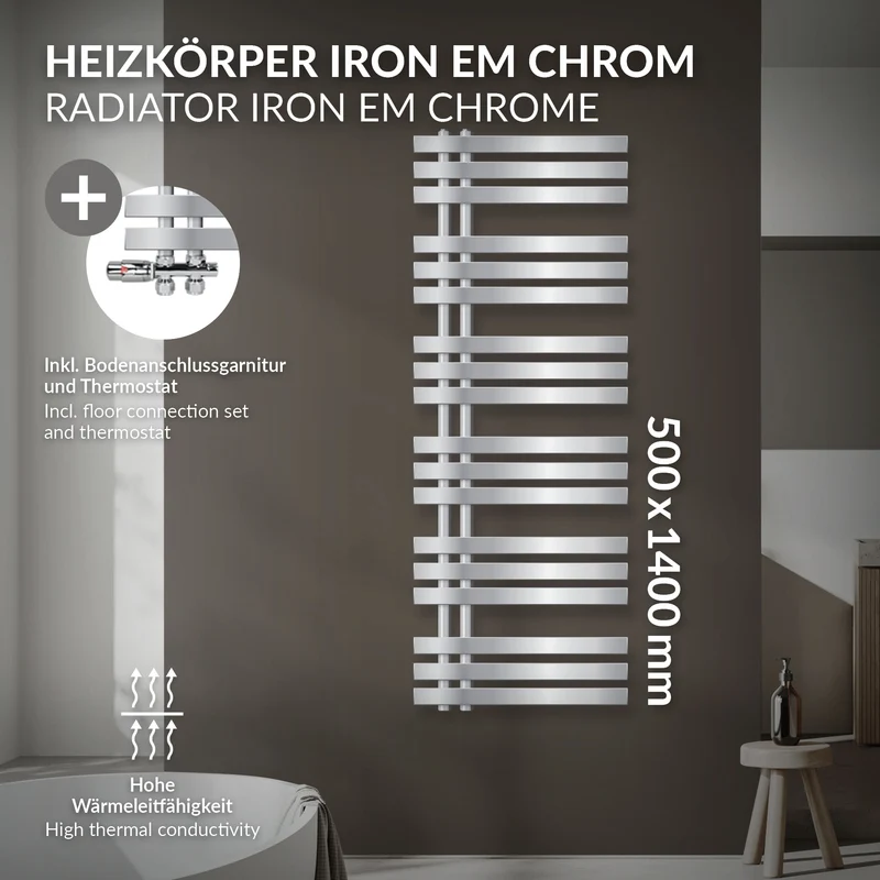Badheizkörper Mittelanschluss 500x1400 mm Chrome mit Boden Anschlussgarnitur LuxeBath