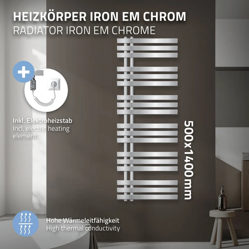 Badheizkörper Iron EM mit Heizstab 1200W 500x1400 mm Chrome
