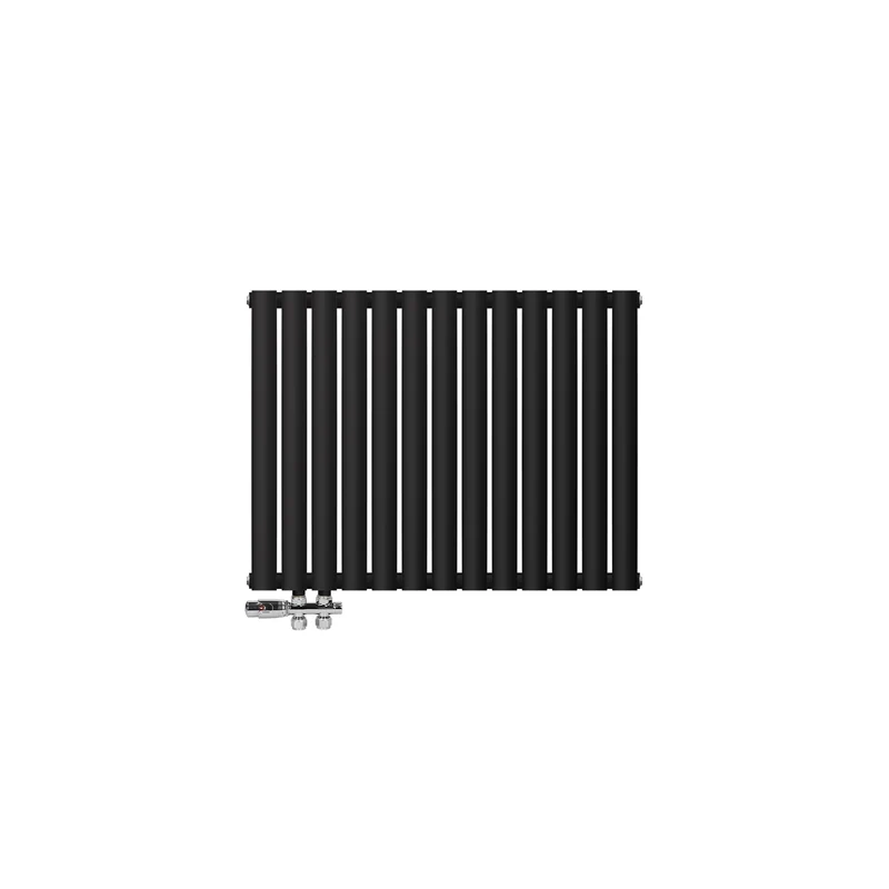 Badheizkörper Einlagig Horizontal 600x780 mm Schwarz inkl. Anschlussgarnitur mit Thermostat Durchgangsform LuxeBath