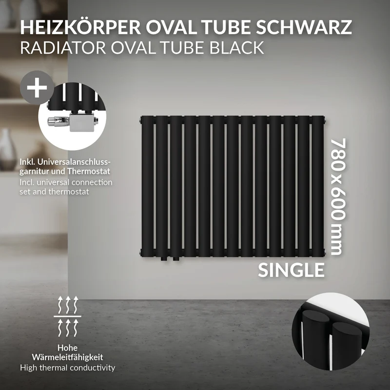 Badheizkörper Einlagig Horizontal 600x7800 mm Schwarz inkl. Anschlussgarnitur mit Thermostat Universal LuxeBath
