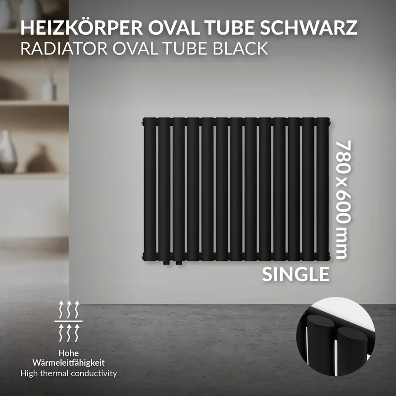 Badheizkörper Einlagig Horizontal 600x780 mm Schwarz matt mit Seitenanschluss LuxeBath