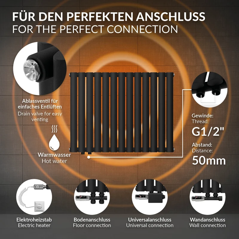 Badheizkörper Einlagig Horizontal 600x780 mm Schwarz matt mit Seitenanschluss LuxeBath