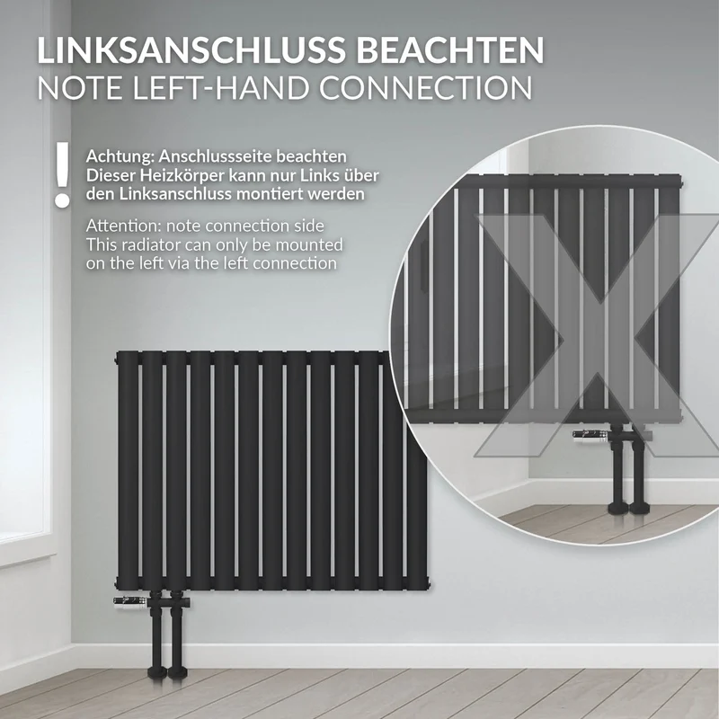 Badheizkörper Einlagig Horizontal 600x780 mm Schwarz matt mit Seitenanschluss LuxeBath