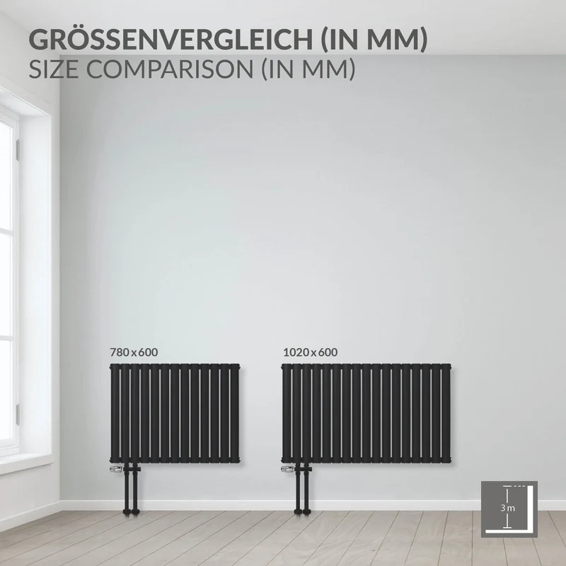 Badheizkörper Einlagig Horizontal 600x780 mm Schwarz matt mit Seitenanschluss LuxeBath