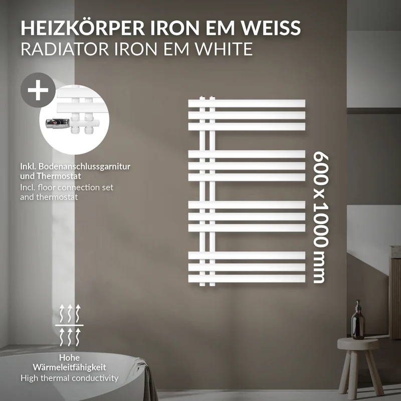 Badheizkörper Mittelanschluss 600x1000 mm Weiß mit Boden Anschlussgarnitur LuxeBath