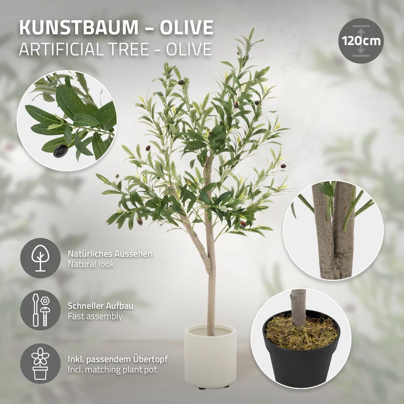 Künstlicher Olivenbaum Kunstpflanze mit Naturholzstamm und Früchten ML-Design