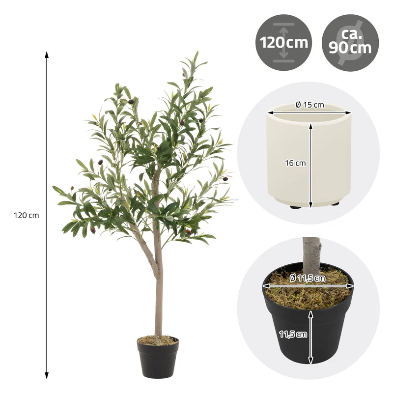Künstlicher Olivenbaum Kunstpflanze mit Naturholzstamm und Früchten ML-Design