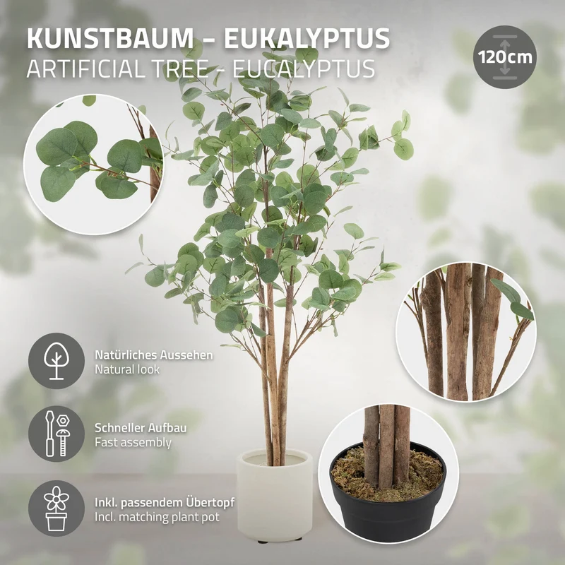 Künstlicher Eukalyptusbaum Kunstpflanze mit Naturholzstamm ML-Design