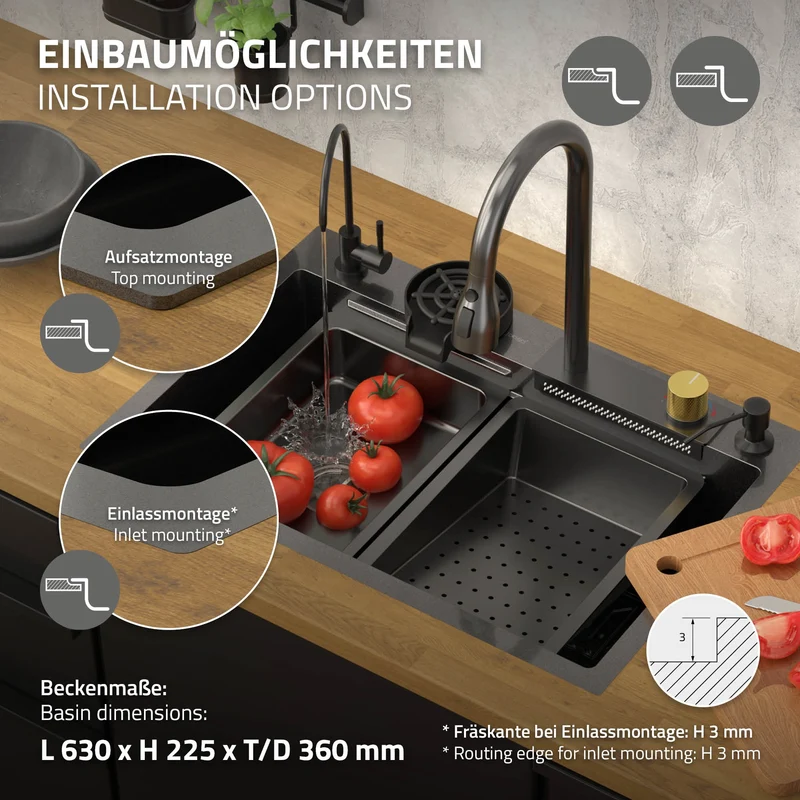 Einbauspülbecken mit Wasserhahn 8 teiliges Zubehör verschiedene Größen aus Edelstahl in Anthrazit