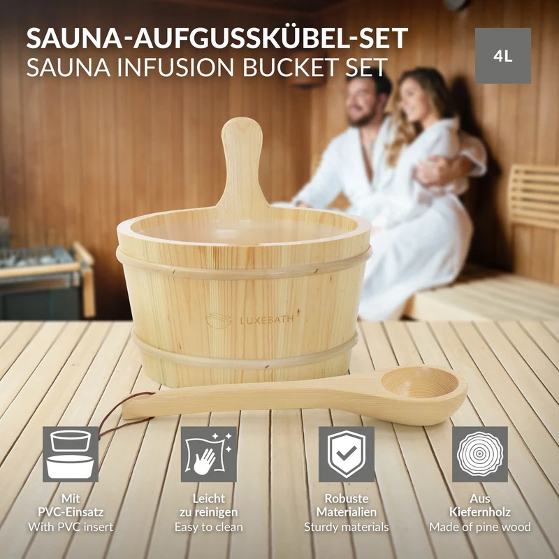 LuxeBath | Saunazubehör-Set 2-tlg aus massivem Kiefernholz, Holzeimer mit Kunststoffeinsatz & Kelle, Sauna Set Ideal als Geschenk