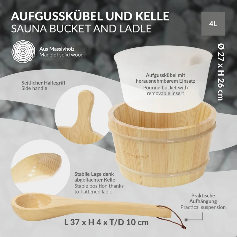 LuxeBath | Saunazubehör-Set 2-tlg aus massivem Kiefernholz, Holzeimer mit Kunststoffeinsatz & Kelle, Sauna Set Ideal als Geschenk