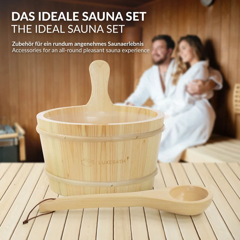 LuxeBath | Saunazubehör-Set 2-tlg aus massivem Kiefernholz, Holzeimer mit Kunststoffeinsatz & Kelle, Sauna Set Ideal als Geschenk