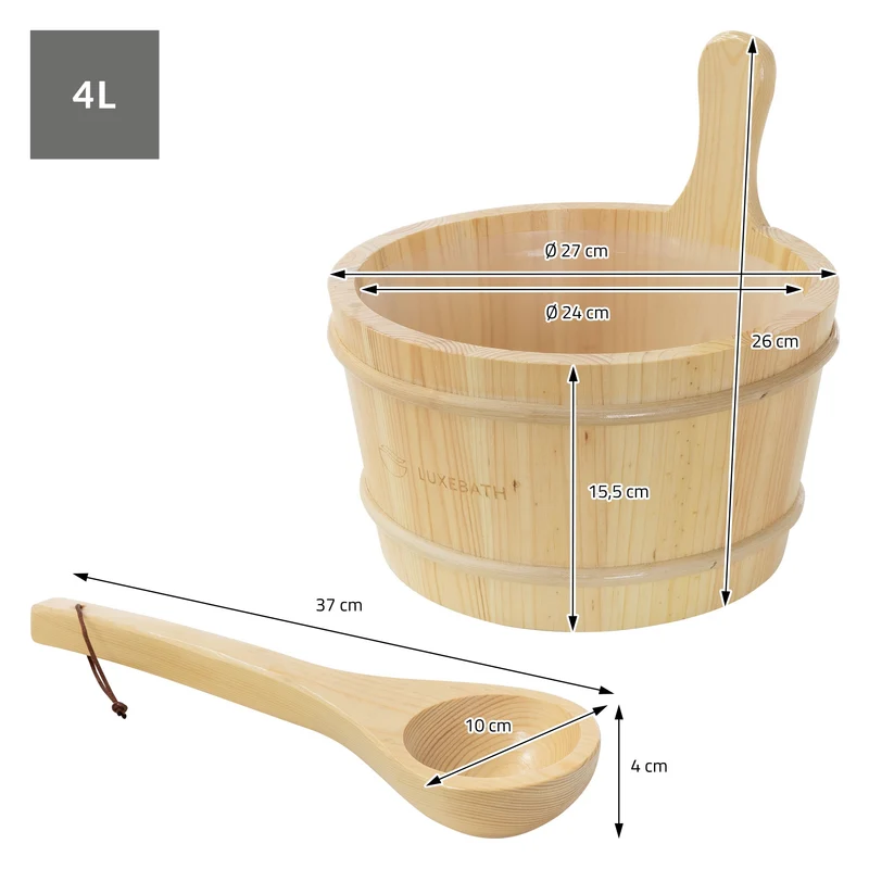 LuxeBath | Saunazubehör-Set 2-tlg aus massivem Kiefernholz, Holzeimer mit Kunststoffeinsatz & Kelle, Sauna Set Ideal als Geschenk