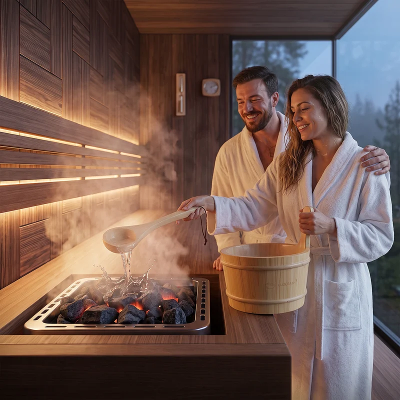 LuxeBath | Saunazubehör-Set 2-tlg aus massivem Kiefernholz, Holzeimer mit Kunststoffeinsatz & Kelle, Sauna Set Ideal als Geschenk