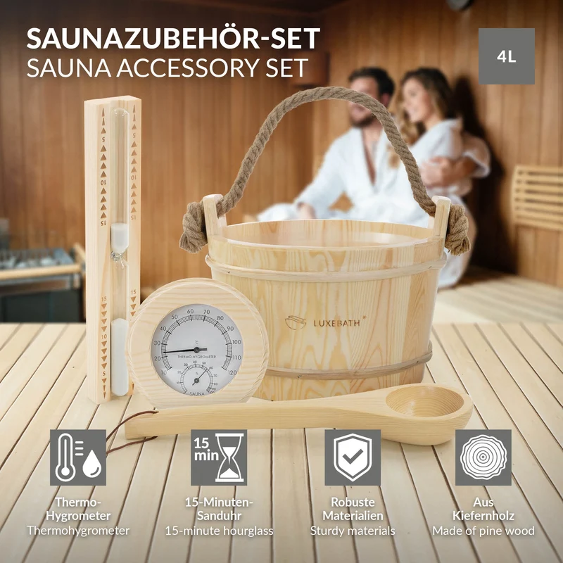 LuxeBath | Saunazubehör-Set 4-teilig aus massivem Kiefernholz, 4L Saunaeimer mit Hanftrageseil, Saunekelle, Thermometer-Hygrometer & 15min. Sanduhr