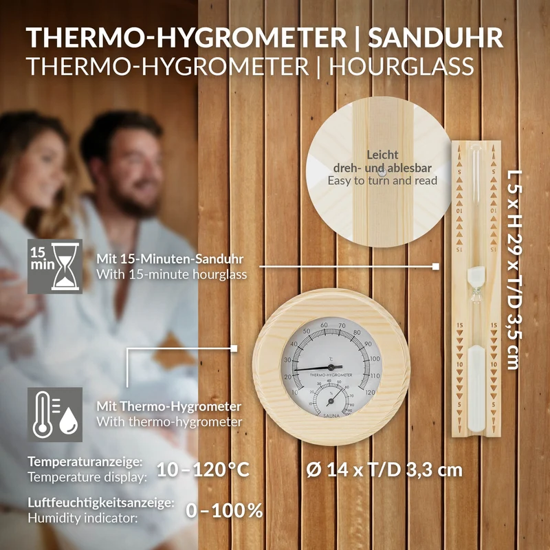 LuxeBath | Saunazubehör-Set 4-teilig aus massivem Kiefernholz, 4L Saunaeimer mit Hanftrageseil, Saunekelle, Thermometer-Hygrometer & 15min. Sanduhr