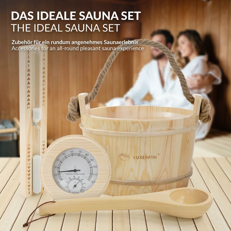 LuxeBath | Saunazubehör-Set 4-teilig aus massivem Kiefernholz, 4L Saunaeimer mit Hanftrageseil, Saunekelle, Thermometer-Hygrometer & 15min. Sanduhr