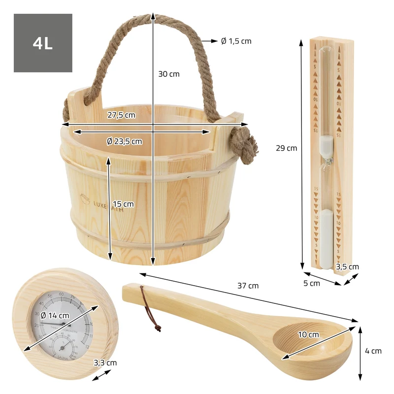LuxeBath | Saunazubehör-Set 4-teilig aus massivem Kiefernholz, 4L Saunaeimer mit Hanftrageseil, Saunekelle, Thermometer-Hygrometer & 15min. Sanduhr