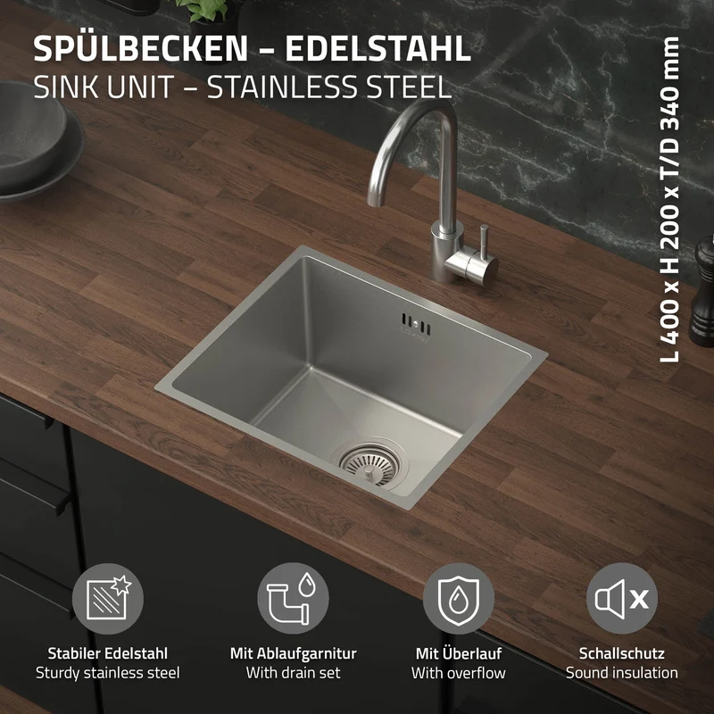 Einbauspülbecken mit Ablaufgarnitur aus Edelstahl in verschiedenen Farben und Größen