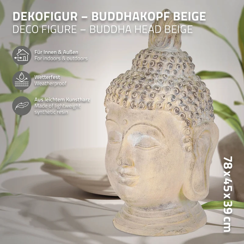 Buddha Kopf Figur 45x39x78 cm Beige/Grau aus Kunststein