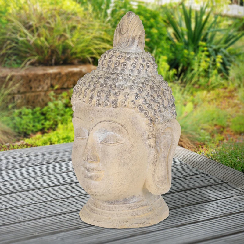 Buddha Kopf Figur 45x39x78 cm Beige/Grau aus Kunststein