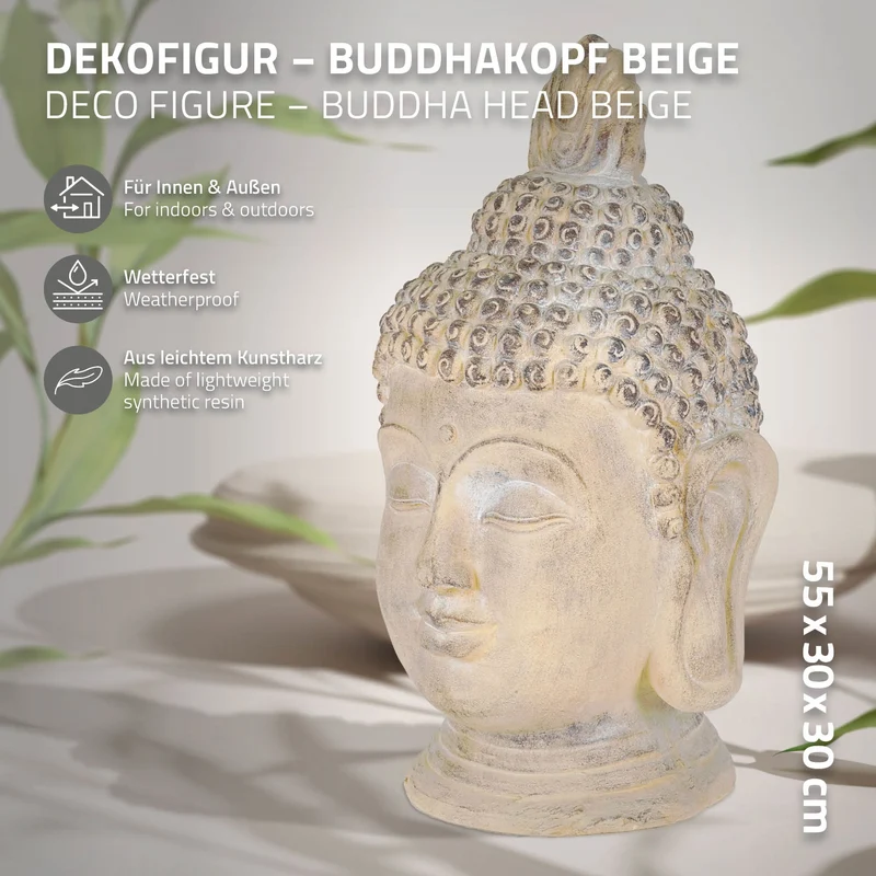 Buddha Kopf Figur 30x30x55 cm Beige/Grau aus Kunststein