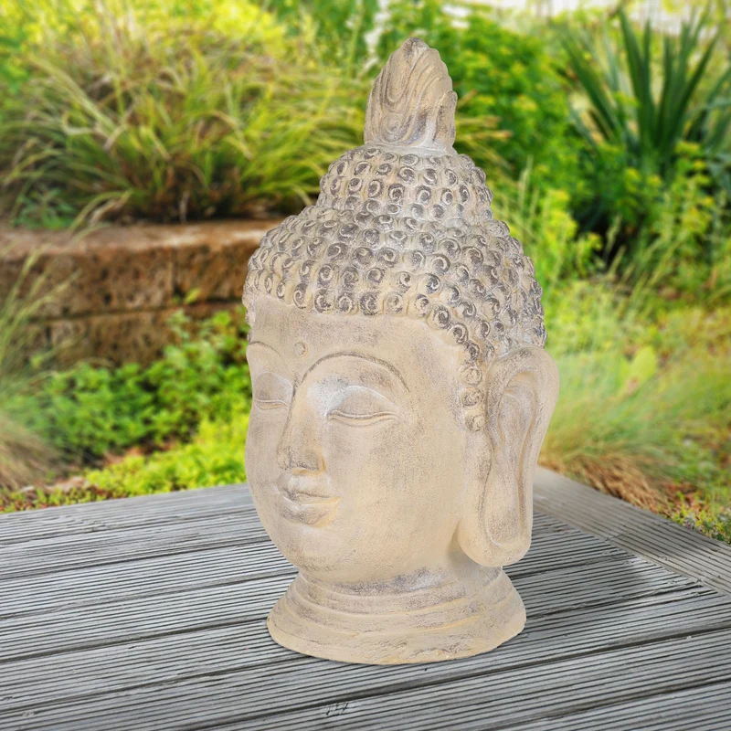 Buddha Kopf Figur 30x30x55 cm Beige/Grau aus Kunststein