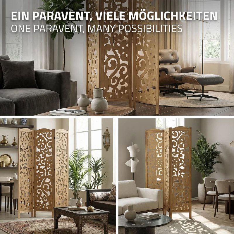 Paravent 3 teilig 170x121 cm Raumteiler faltbar aus Holz Yokohama ML-Design