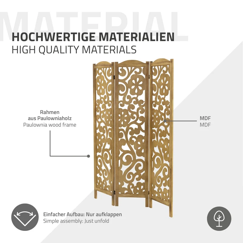 Paravent 3 teilig 170x121 cm Raumteiler faltbar aus Holz Yokohama ML-Design