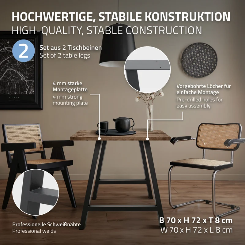 2x Tischbeine A-Form 70x72 cm Anthrazit aus pulverbeschichtetem Stahl Tischgestell für Esstisch und Schreibtisch