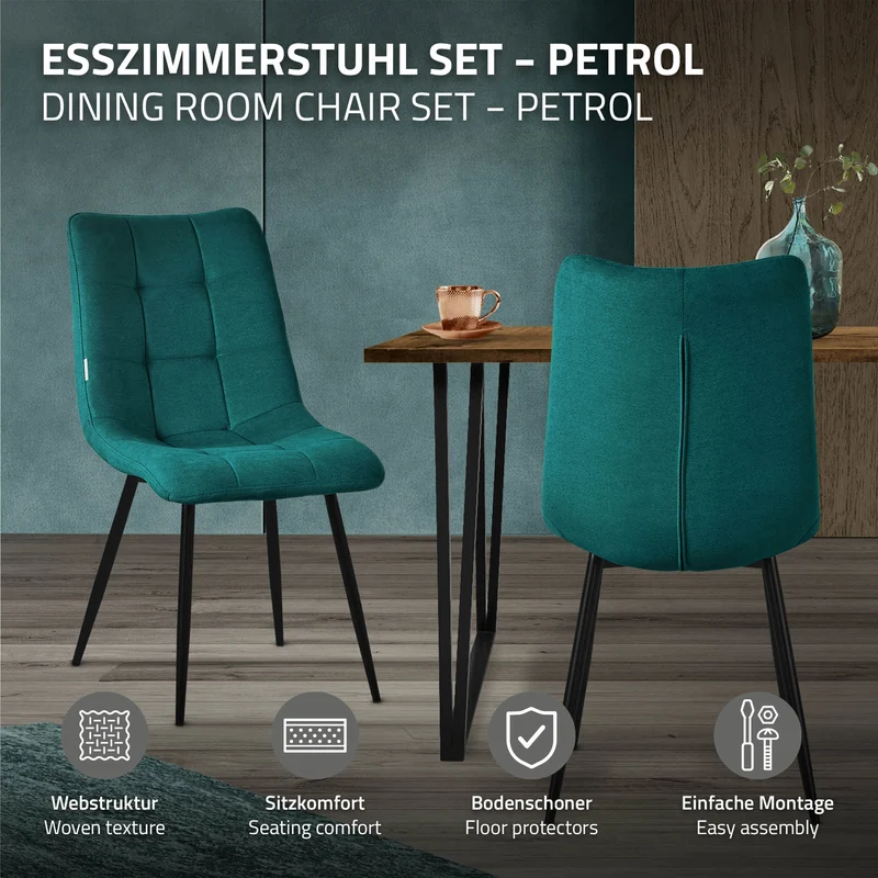 Esszimmerstühle 4er Set Petrol Küchenstuhl mit Polyesterbezug und Stahlbeinen ML-Design