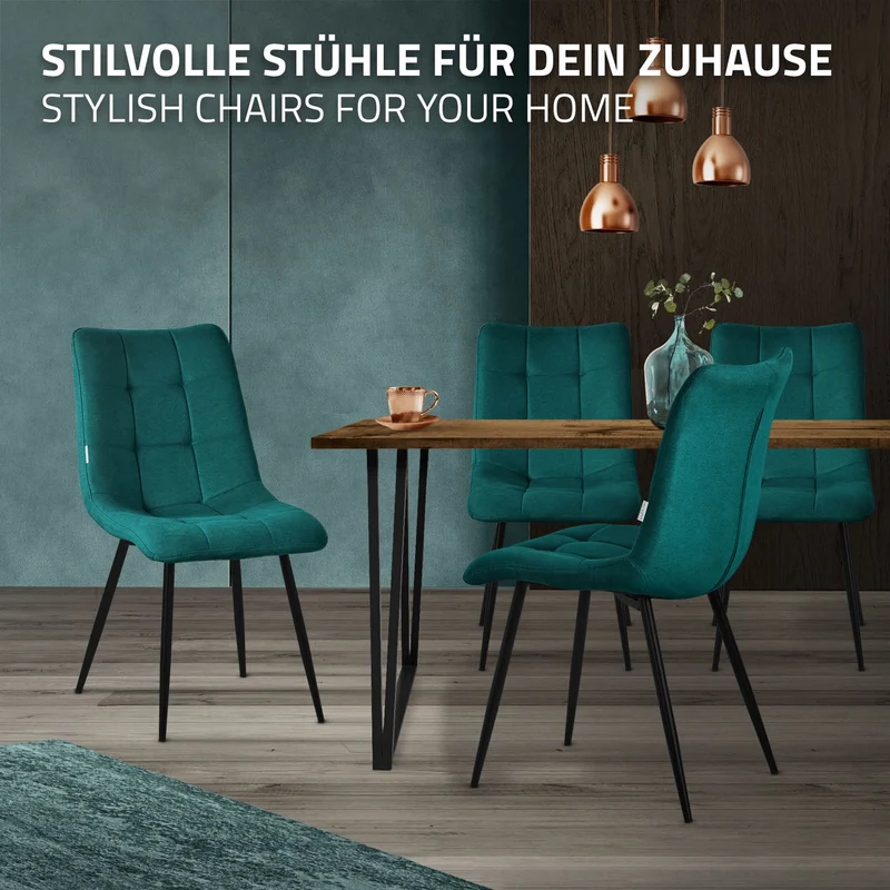 Esszimmerstühle 4er Set Petrol Küchenstuhl mit Polyesterbezug und Stahlbeinen ML-Design