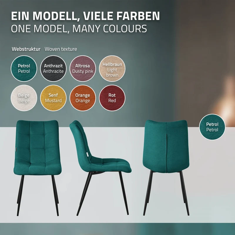 Esszimmerstühle 4er Set Petrol Küchenstuhl mit Polyesterbezug und Stahlbeinen ML-Design