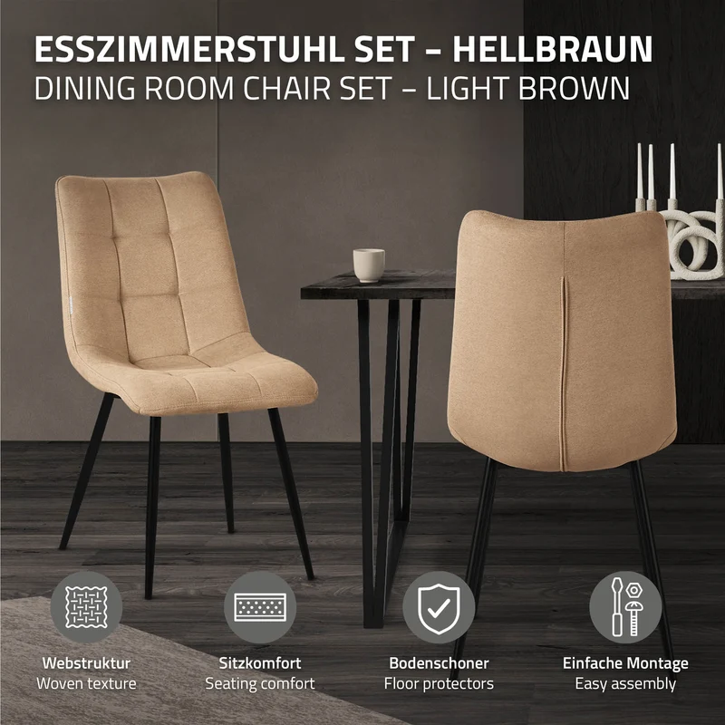 Esszimmerstühle 4er Set Hellbraun Küchenstuhl mit Polyesterbezug und Stahlbeinen ML-Design