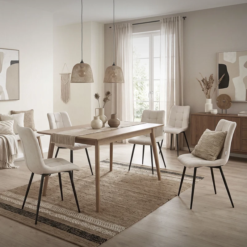 Esszimmerstühle 6er Set Beige Küchenstuhl mit Polyesterbezug und Stahlbeinen ML-Design