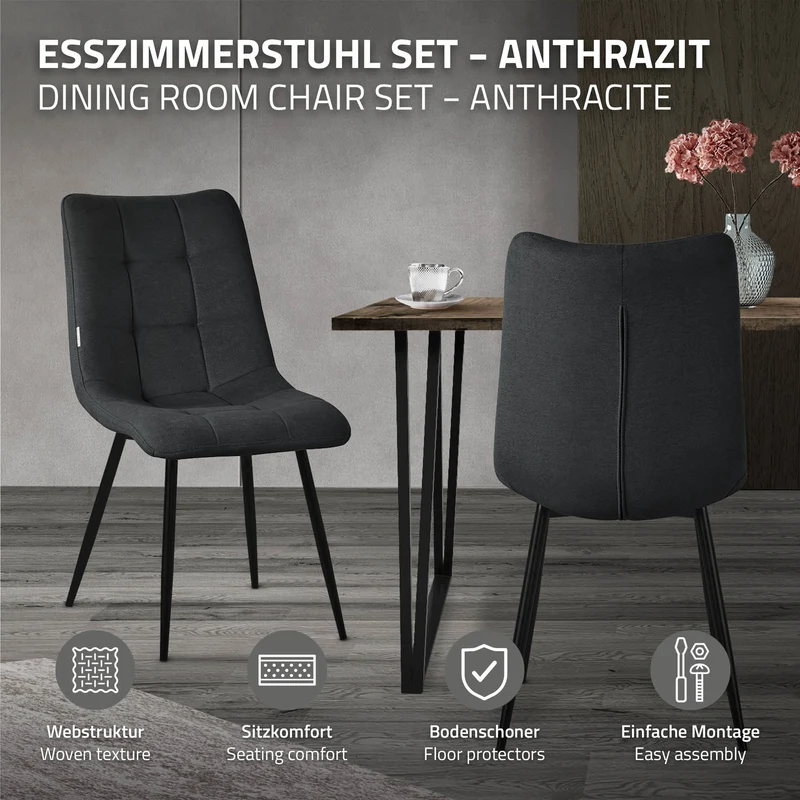 Esszimmerstühle 6er Set Anthrazit Küchenstuhl mit Polyesterbezug und Stahlbeinen ML-Design
