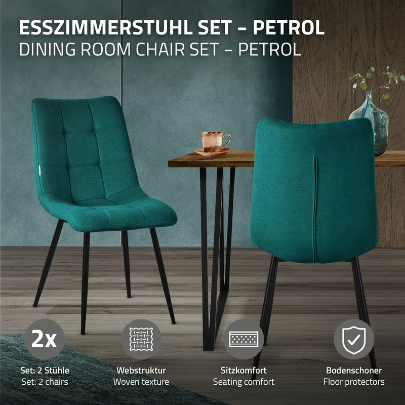 Esszimmerstühle 2er Set Petrol Küchenstuhl mit Polyesterbezug und Stahlbeinen ML-Design