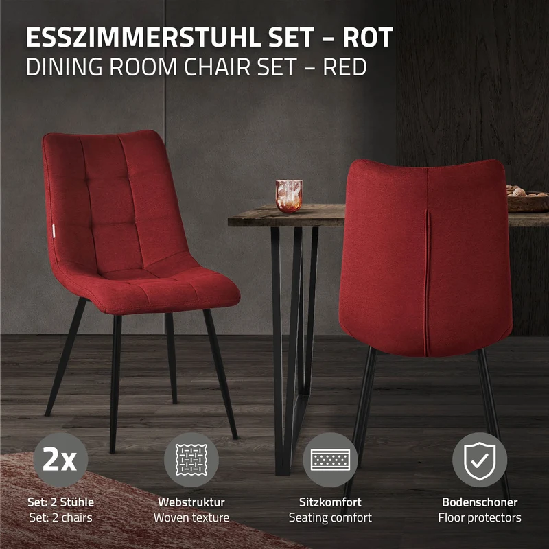 Esszimmerstühle 2er Set Rot Küchenstuhl mit Polyesterbezug und Stahlbeinen ML-Design