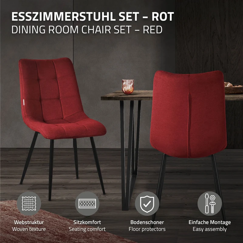 Esszimmerstühle 2er Set Rot Küchenstuhl mit Polyesterbezug und Stahlbeinen ML-Design