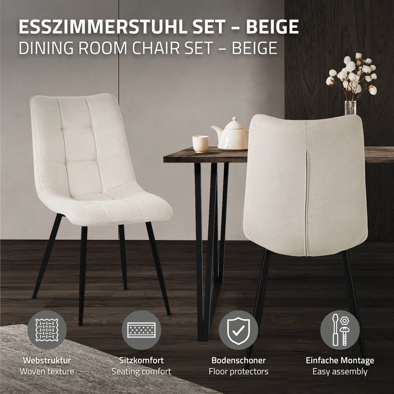 Esszimmerstühle 2er Set Beige Küchenstuhl mit Polyesterbezug und Stahlbeinen ML-Design