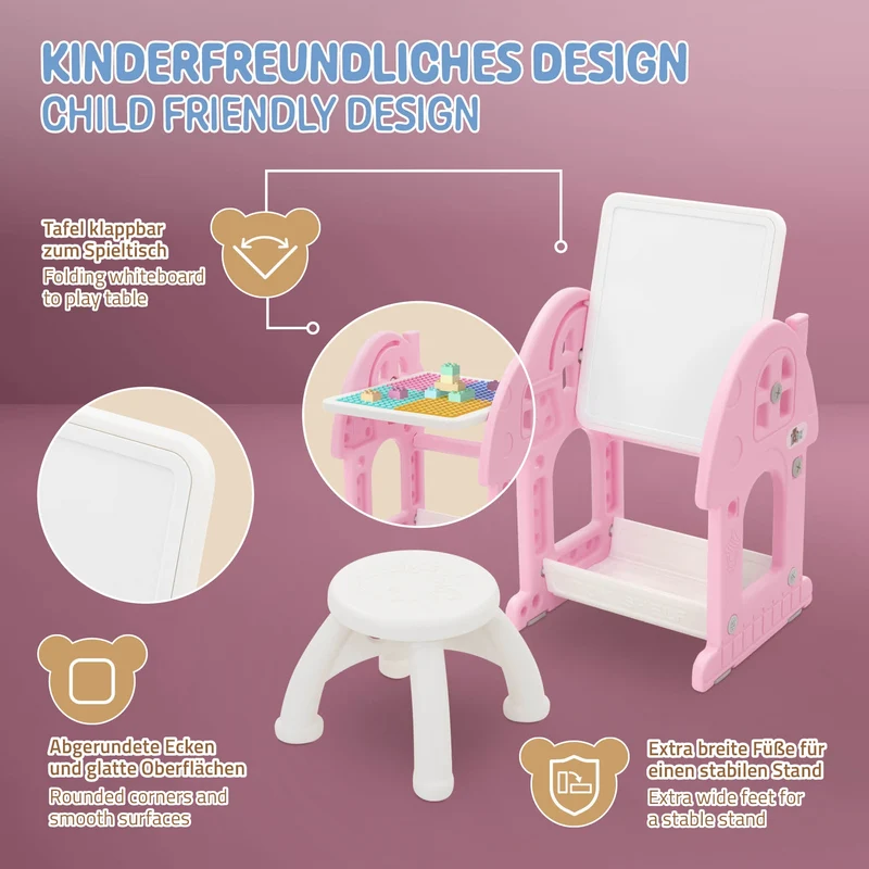 Kindersitzgruppe 2 in 1 Spieltisch mit Tafel und Stuhl Set, HDPE, Weiß-Rosa, Kindertisch und Hocker Joyz