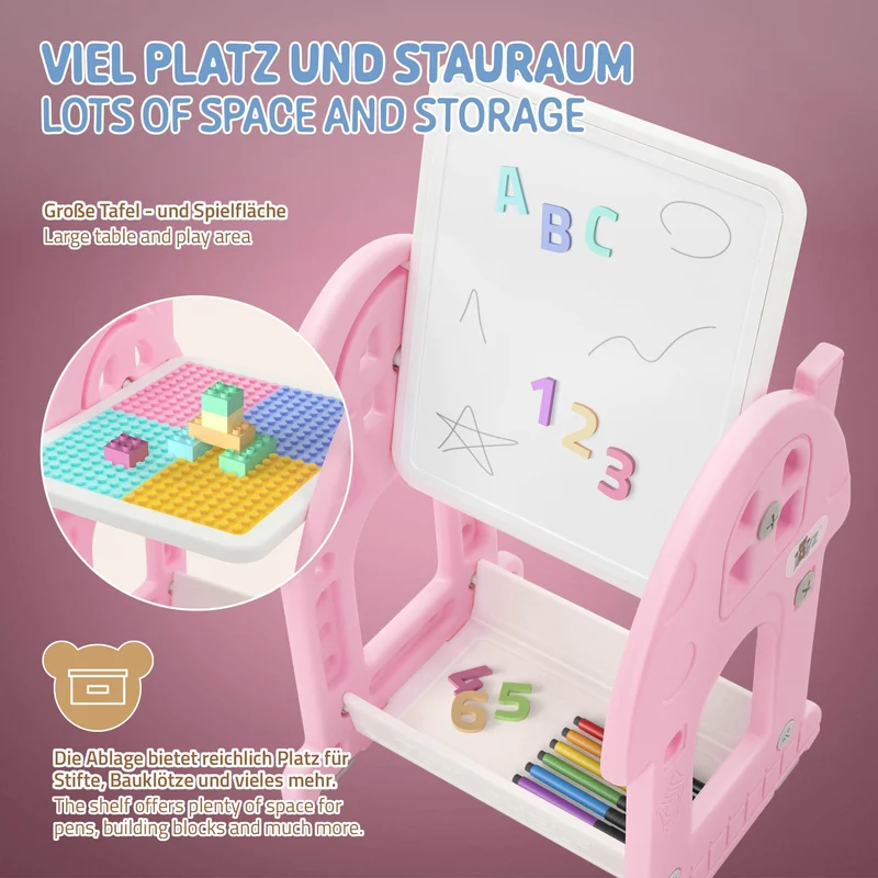 Kindersitzgruppe 2 in 1 Spieltisch mit Tafel und Stuhl Set, HDPE, Weiß-Rosa, Kindertisch und Hocker Joyz