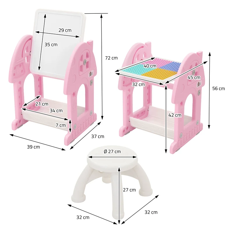 Kindersitzgruppe 2 in 1 Spieltisch mit Tafel und Stuhl Set, HDPE, Weiß-Rosa, Kindertisch und Hocker Joyz