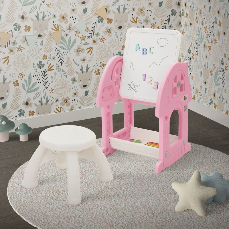 Kindersitzgruppe 2 in 1 Spieltisch mit Tafel und Stuhl Set, HDPE, Weiß-Rosa, Kindertisch und Hocker Joyz