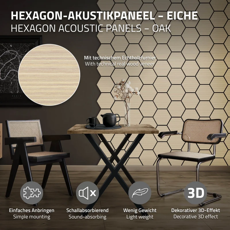 2er Set Akustikpaneele für 1m² Eiche Wandpaneele Hexagon Schalldämmung ML-Design