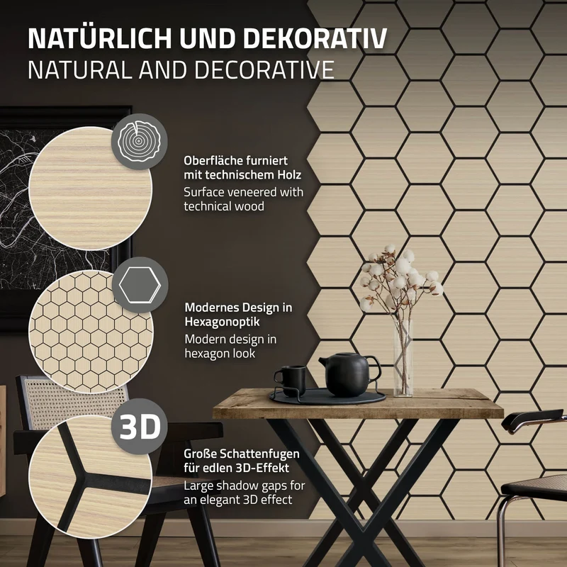 2er Set Akustikpaneele für 1m² Eiche Wandpaneele Hexagon Schalldämmung ML-Design