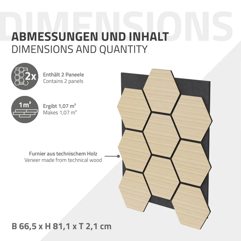2er Set Akustikpaneele für 1m² Eiche Wandpaneele Hexagon Schalldämmung ML-Design